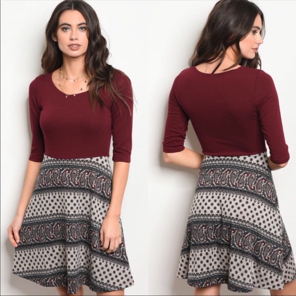 ๐ Burgundy Taupe Print Dress ๐ - Picture 1 of 8